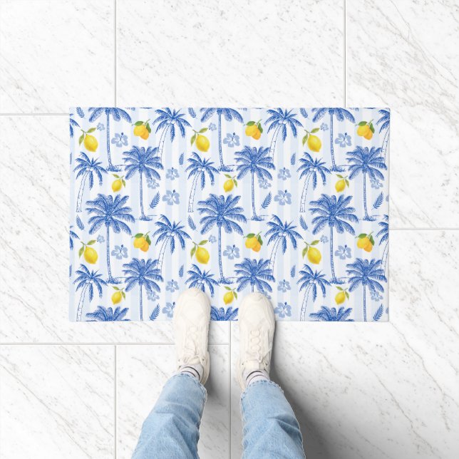 Blue Toile Palm Trees Lemons  Doormat (Indoor)