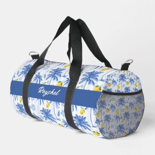 Blue Toile Palm Trees Lemons Monogram Name Duffle Bag