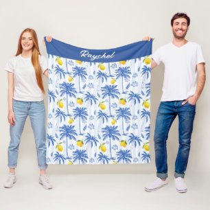Blue Toile Palm Trees Lemons Monogram Name Fleece Blanket