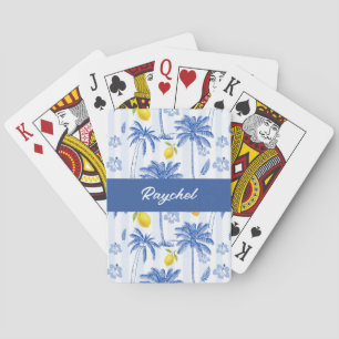 Blue Toile Palm Trees Lemons Monogram Name Playing Cards