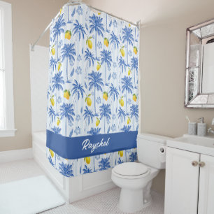 Blue Toile Palm Trees Lemons Monogram Name Shower Curtain