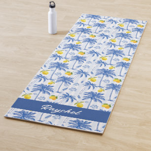 Blue Toile Palm Trees Lemons Monogram Name Yoga Mat