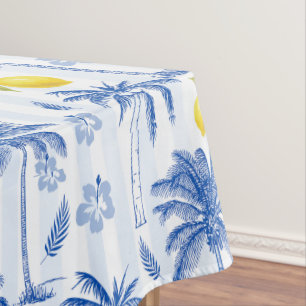 Blue Toile Palm Trees Lemons Pattern Tablecloth
