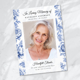 Blue Toile Photo Keepsake Funeral Memorial Thank You Card