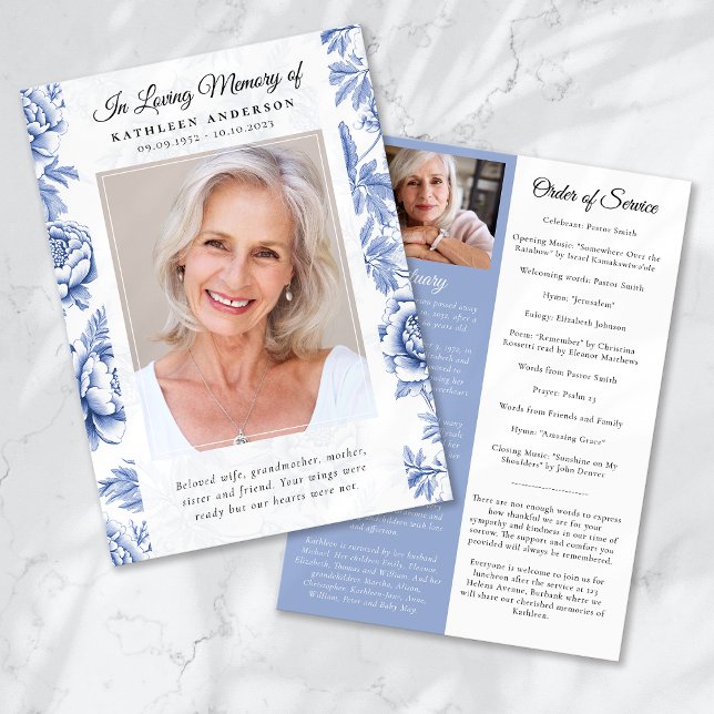 Blue Toile Photo Memorial Service Program Invitation (Creator Uploaded)