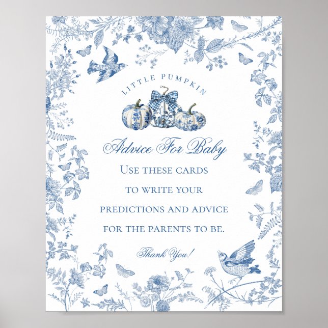 Blue Toile Pumpkin French Fall Advice for Baby Poster (Front)