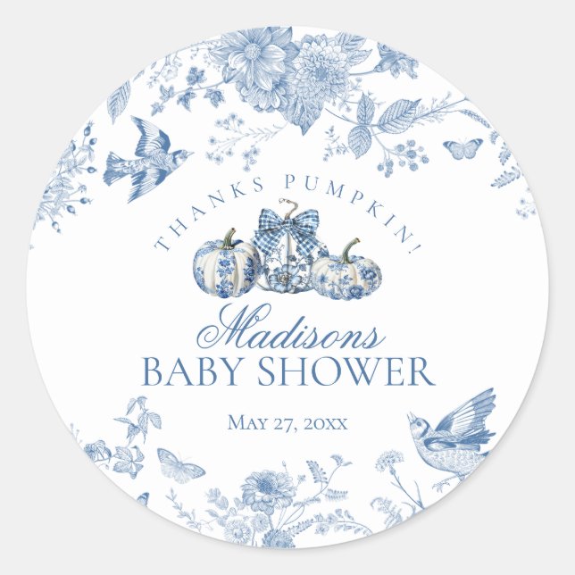 Blue Toile Pumpkin French Fall Baby Shower Favour Classic Round Sticker (Front)