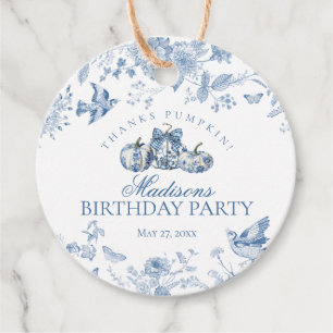 Blue Toile Pumpkin French Fall Birthday Circle Favour Tags