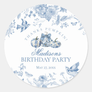 Blue Toile Pumpkin French Fall Birthday Favour Classic Round Sticker