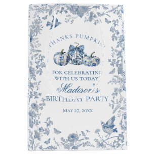 Blue Toile Pumpkin French Fall Birthday Favours Medium Gift Bag
