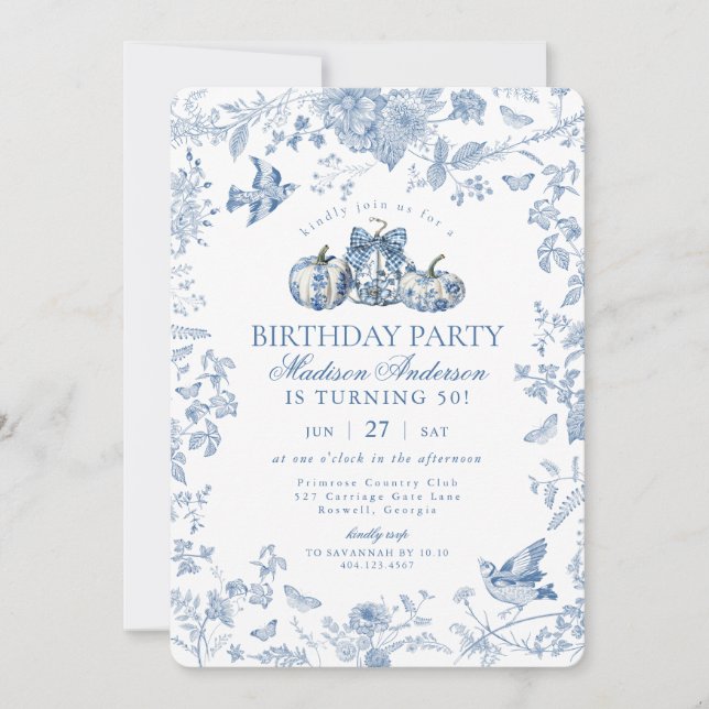 Blue Toile Pumpkin French Fall Birthday Party Invitation (Front)