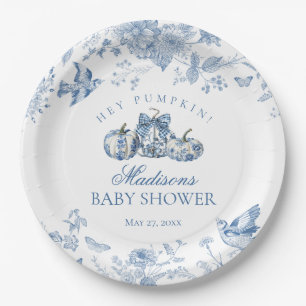 Blue Toile Pumpkin French Fall Floral Baby Shower Paper Plate
