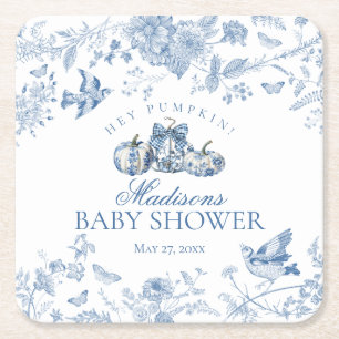 Blue Toile Pumpkin French Fall Floral Baby Shower Square Paper Coaster