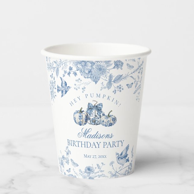 Blue Toile Pumpkin French Fall Floral Birthday Paper Cups (Front)