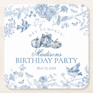 Blue Toile Pumpkin French Fall Floral Birthday Square Paper Coaster