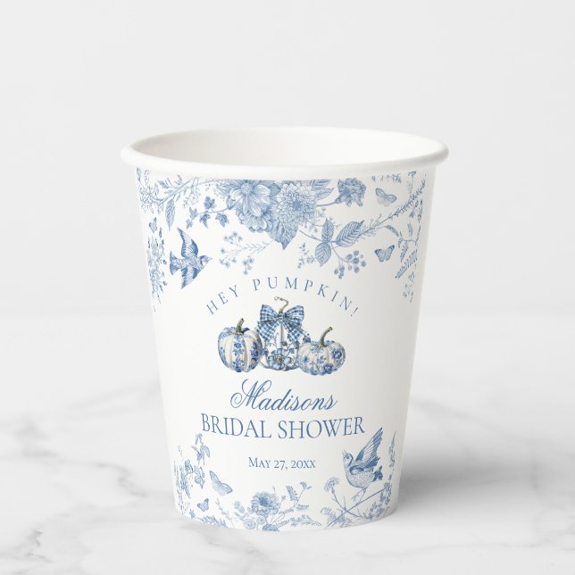 Blue Toile Pumpkin French Fall Floral Bridal Showe Paper Cups (Front)