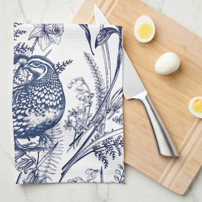 Blue Toile Quail - Wildlife at Home Tea Towel (Quarter Fold)