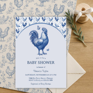 Blue Toile Rooster French Country Baby Shower Invitation