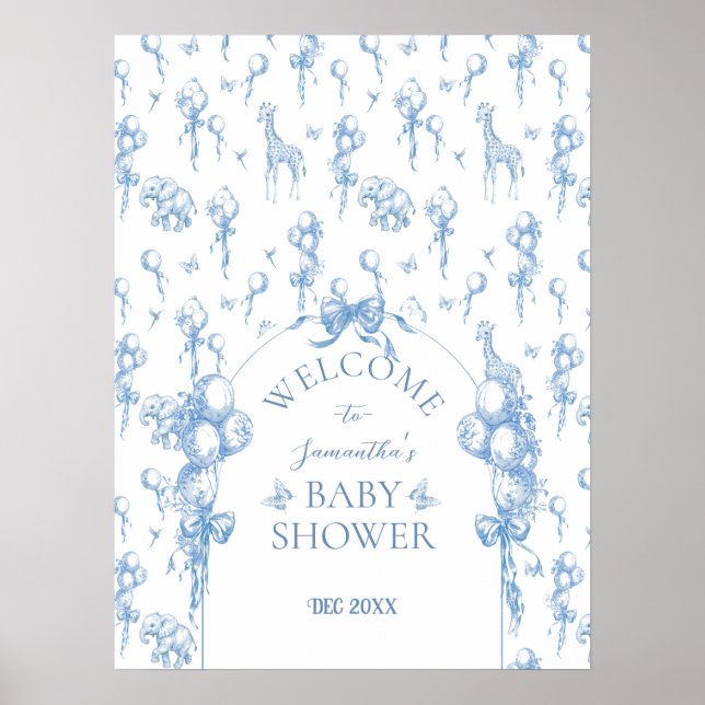 Blue Toile Safari Animal Baby Shower Welcome Poster (Front)