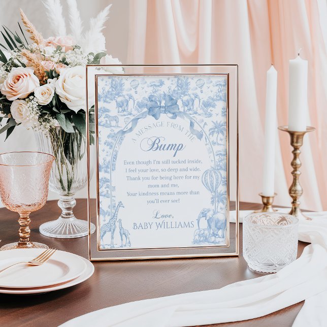 Blue Toile Safari Baby Shower Bump Message Poster (Creator Uploaded)
