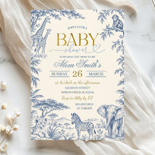 Blue Toile Safari Baby Shower Invitation