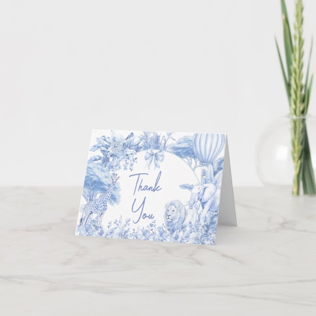 Blue Toile Safari Baby Shower Thank You Card (Front)