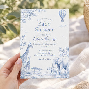 Blue Toile Safari Giraffe Elephant Baby Shower Invitation