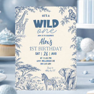 Blue Toile Safari Wild One First Birthday Invitation
