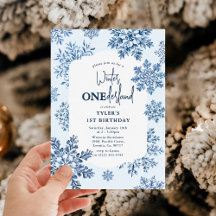 Blue Toile Snowflake Winter 1st Birthday