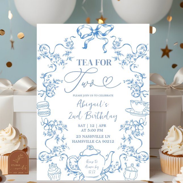 Blue Toile Tea for Two 2nd Birthday Invitation (Creator Uploaded)