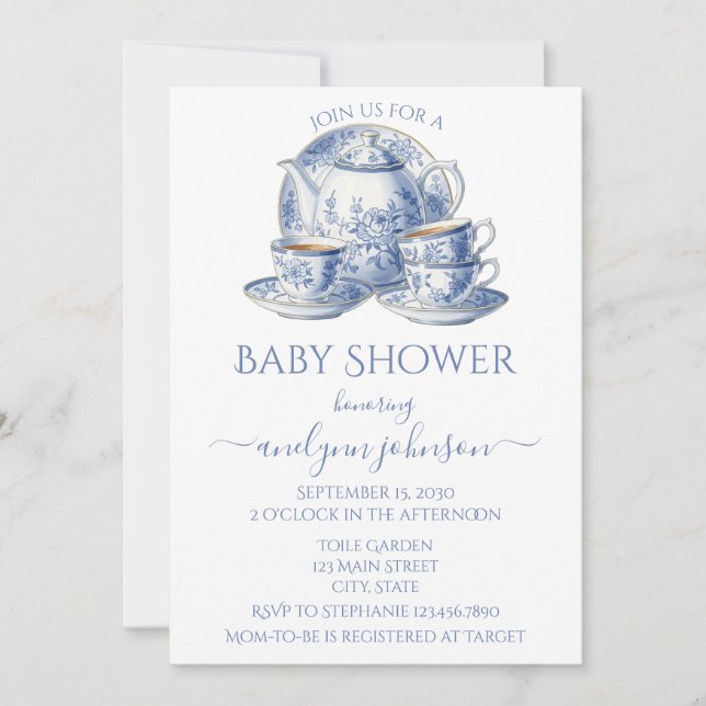 Blue Toile Tea Service Boy Baby Shower  Invitation (Front)