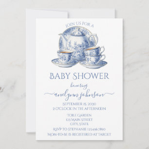 Blue Toile Tea Service Boy Baby Shower  Invitation
