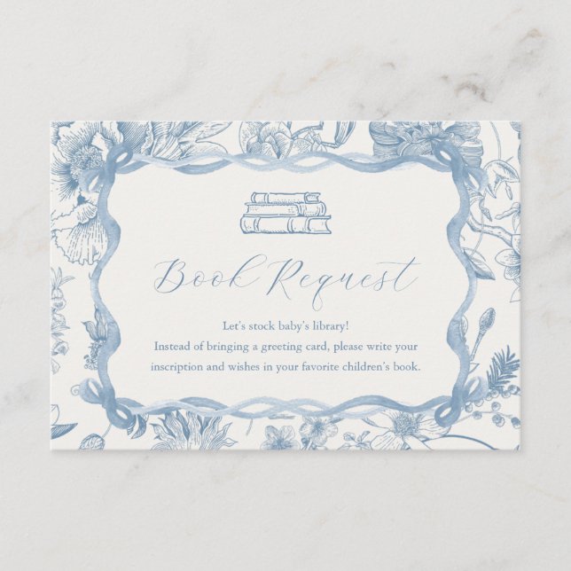 Blue Toile Teddy Bear Baby Shower Book Card (Front)