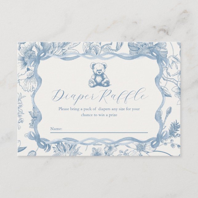 Blue Toile Teddy Bear Baby Shower Diaper Raffle Enclosure Card (Front)