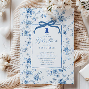 Blue Toile Teddy Bear Baby Shower Invitation