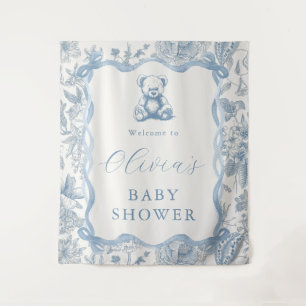 Blue Toile Teddy Bear Baby Shower Tapestry