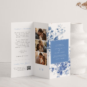 Blue Toile Trifold Wedding Program Paper Sheet