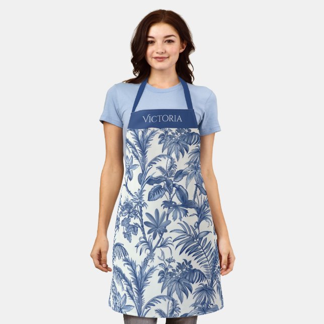 Blue Toile Tropical Boho Palm Tree Personalised Apron (Worn)
