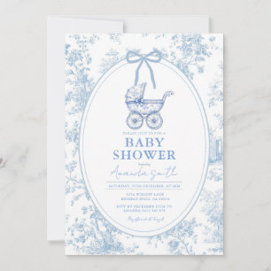 Blue Toile Vintage Baby Carriage Baby Shower Invitation
