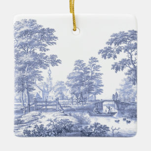 Blue Toile Vintage French Pastoral Bridge Boat Ceramic Ornament