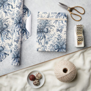 Blue Toile Vintage Ribbons Wrapping Paper
