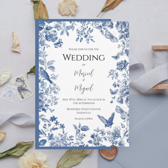 Blue Toile Vintage Wedding Invitation (Creator Uploaded)
