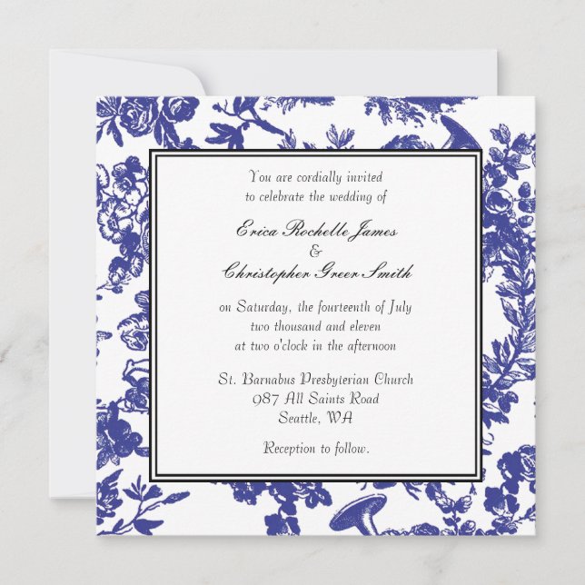 Blue Toile Wedding Invitation (Front)