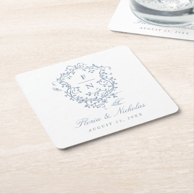 Blue Toile Wedding Paper Coaster Chinoiserie Chic (Angled)