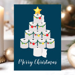 Blue Toilet Paper Christmas Tree Funny Holiday Card<br><div class="desc">Spread some holiday cheer with this funny Christmas card featuring a whimsical toilet paper Christmas tree design. The bright blue backdrop and festive decorations make this card a playful and memorable way to wish your loved ones a Merry Christmas. Perfect for adding a touch of humour to your holiday greetings,...</div>