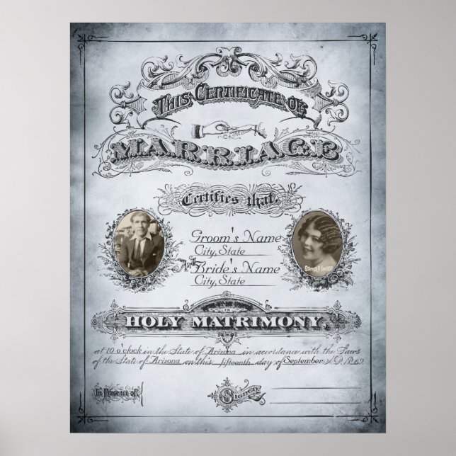 Blue Tone Vintage Marriage Certificate Poster (Front)