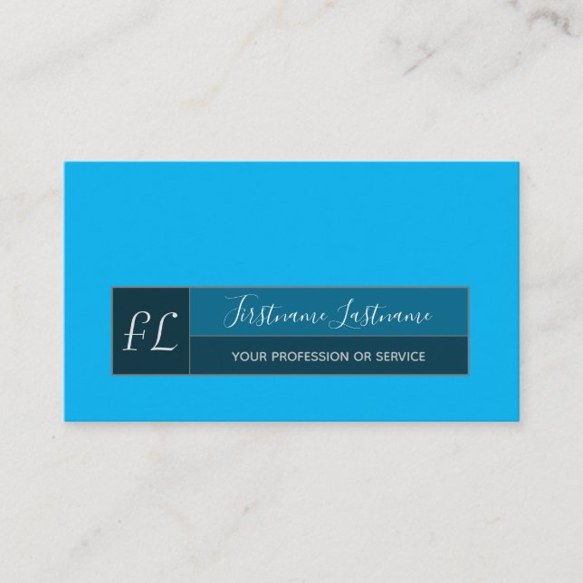 Blue tones calligraphy grey rectangle monogram bus business card (Front)
