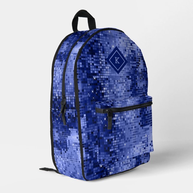 Blue tones disco mirrors glitter pattern printed backpack (Back Corner Left)
