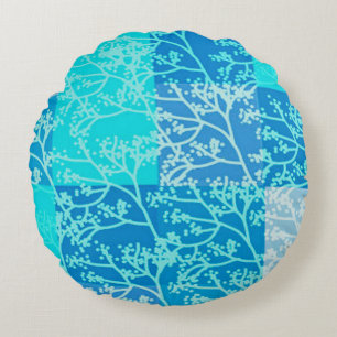 Blue Tones Foliage Plaids Round Cushion