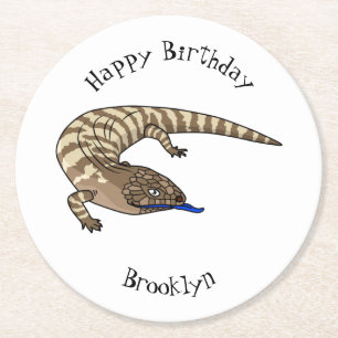 Blue tongue lizard reptile cartoon round paper coaster